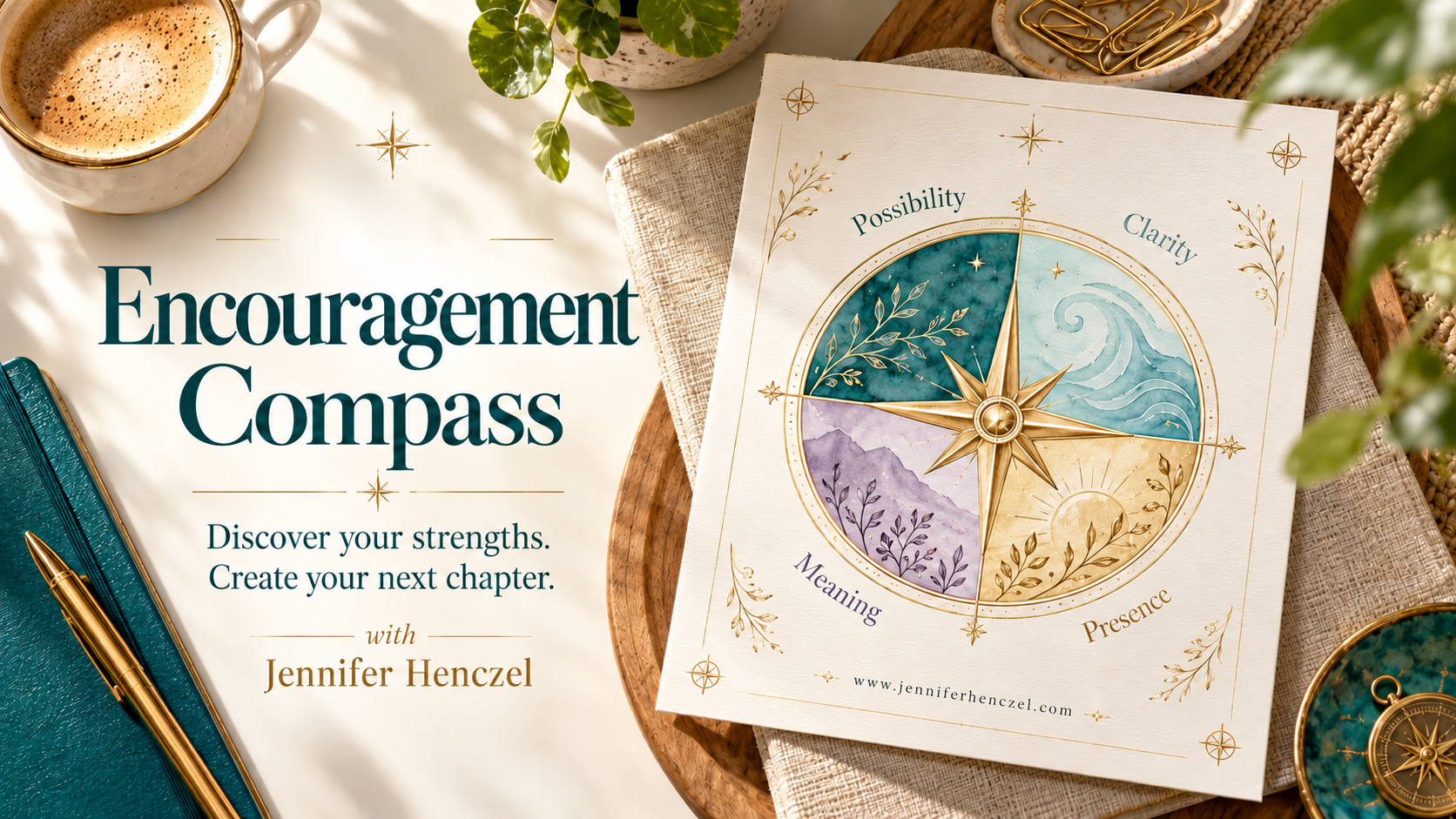 Encouragement Compass personality assessment with Jennifer Henczel: a gold compass with four quadrants for Possibility, Clarity, Meaning and Presence, arranged on a modern boho desk.